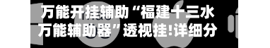 万能开挂辅助“福建十三水万能辅助器	”透视挂!详细分享装挂步骤-第2张图片